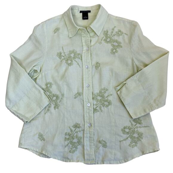 Madison Studio Vtg Y2K Linen Pastel Green Floral Embroidered Button Down Shirt 8 - Picture 8 of 16